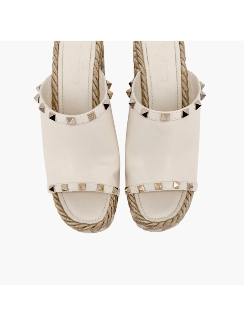 Valentino Rockstud Torchon Espadrille Wedge Sandals White Leather Size 39 US 9